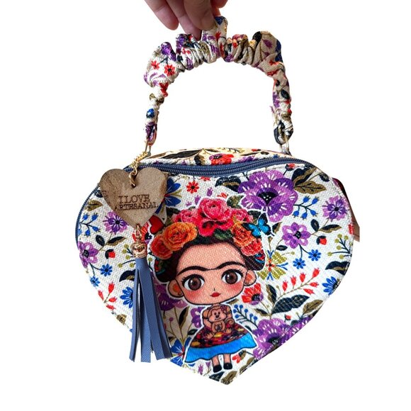Frida Kahlo purple floral heart shape crossbody handbag women medium - Picture 3 of 11